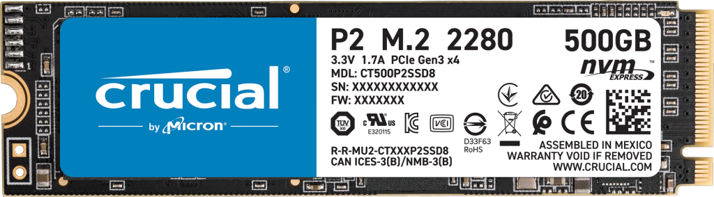 SSD 500GB CRUCIAL M.2 NVME P2 CT500P2SSD8 R/W 2300-940MB/s