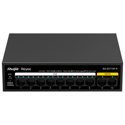 Switch REYEE 8P 10/100 PoE+ + 2P 10/100 UPLINK 110W POE BUDG